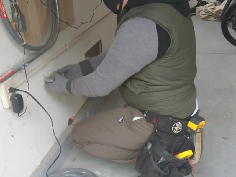 Electrician performing outlet wiring in a Forsyth garage
